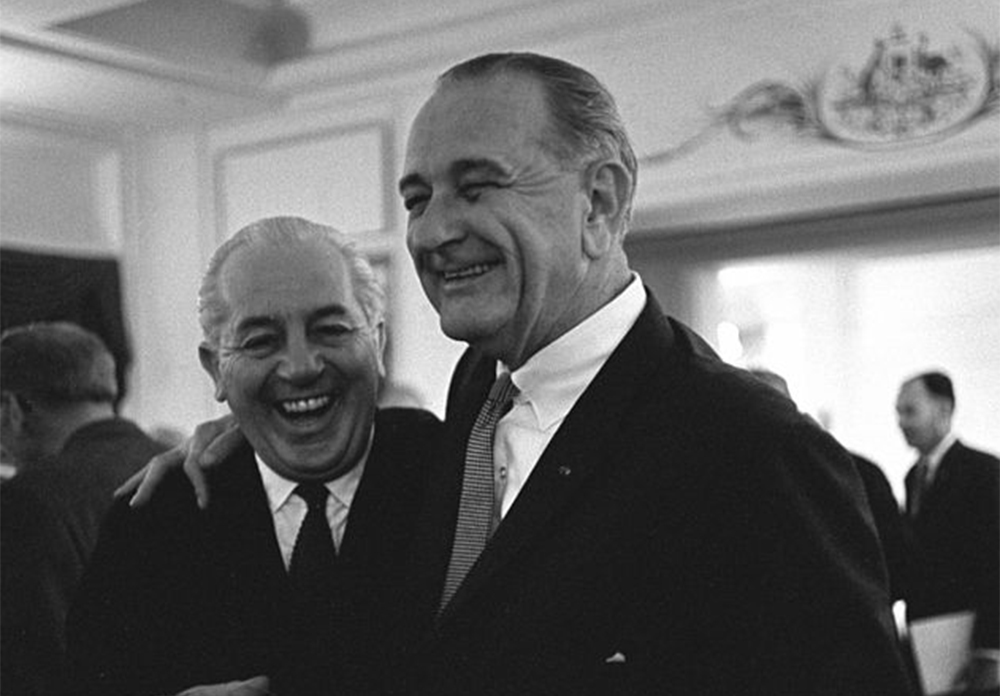 Harold Holt and Lyndon Baines Johnson at a reception, 1966  (photograph by Yoichi Okamoto, Lyndon Baines Johnson Library and Museum.  Image Serial Number: A3338-18A, via Wikimedia Commons)